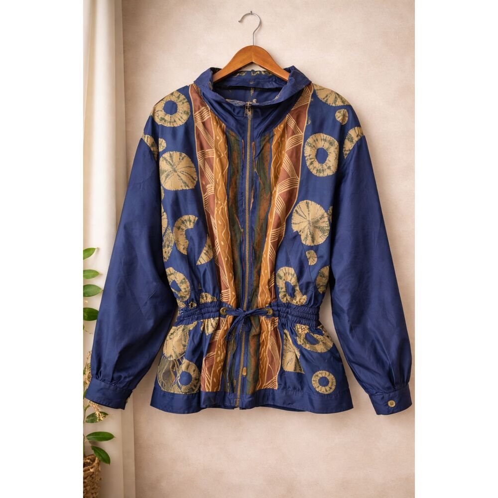 Vintage 80s Silk Windbreaker Jacket Abstract Print Blue Gold Lightweight M Retro
